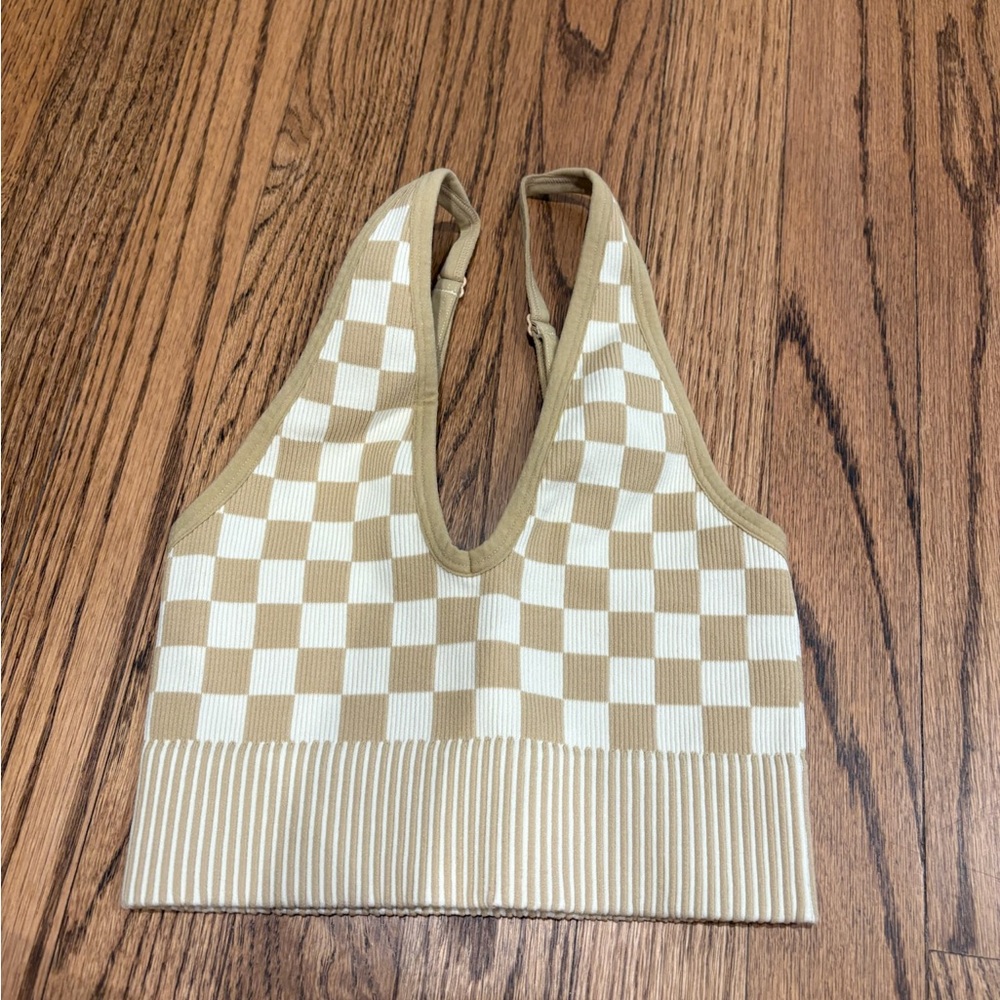 Checkered Beige and White Knit Crop Top NWOT